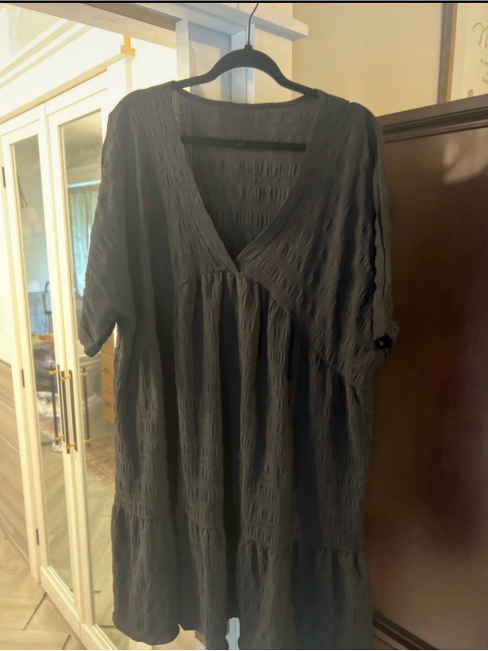Black V-Neck Tiered Textured Dress